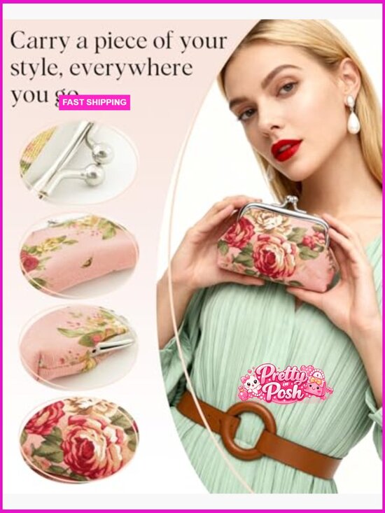 Canvas Floral Kiss Lock Coin Purses, Mini Wallet Pouch Set - Picture 2 of 7